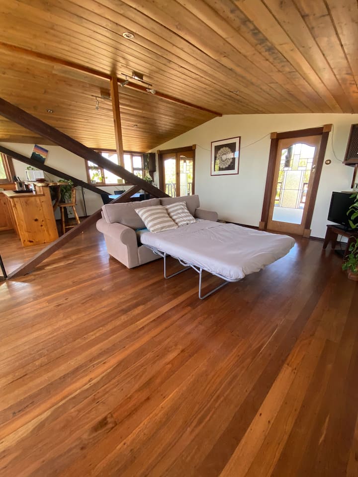 Top storey with pull out sofa bed ready to go.