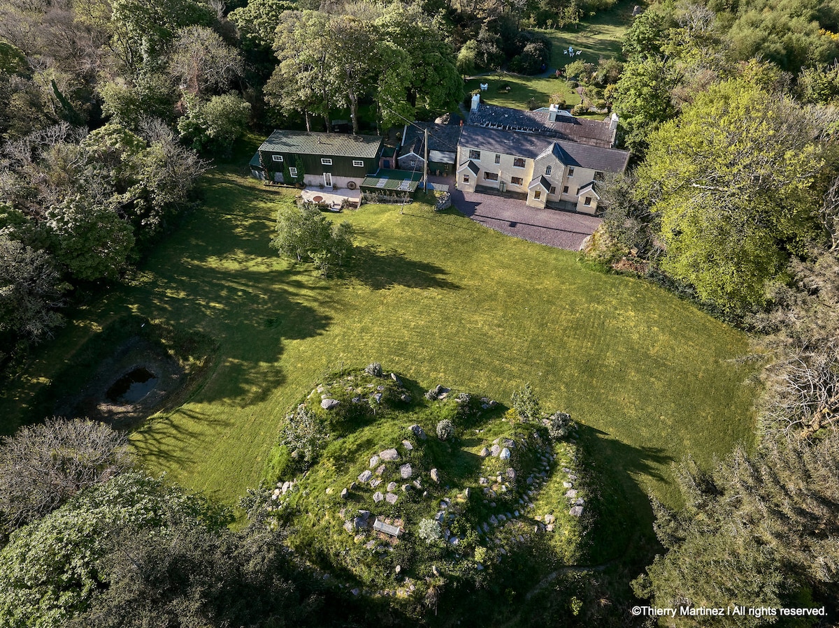 An aerial view showcases the spacious grounds of Hanno's Workshop, surrounded by lush trees and gardens. The property features a charming building with varied rooflines. Pathways lead through the greenery, and a small pond is visible in the lower left corner, adding to the serene landscape.