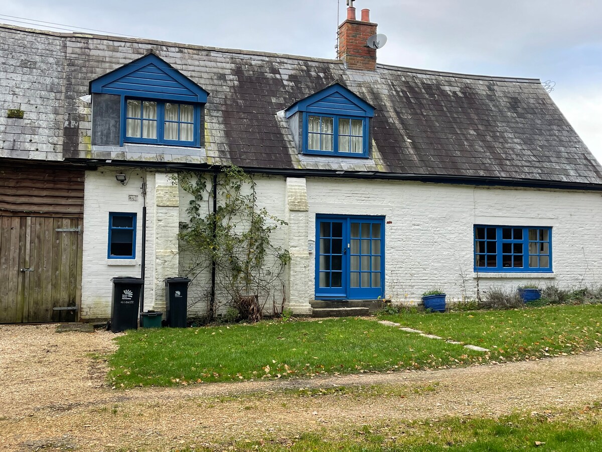 A charming cottage is set amidst a grassy area, featuring a whitewashed exterior complemented by blue window frames. The roof is covered with slate tiles, and a gravel pathway leads to the entrance. Flanking the door, there are two decorative planters by the windows.