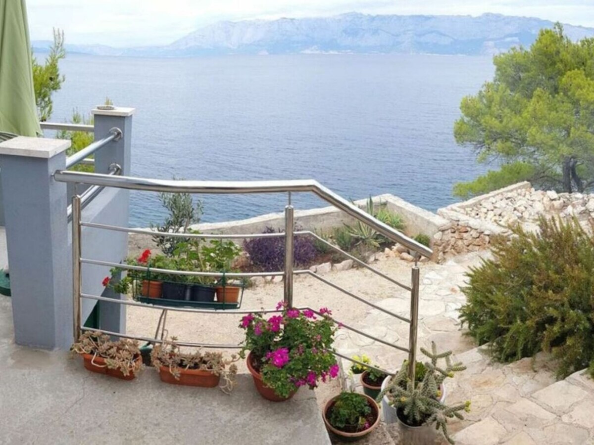 A pathway leading down towards the sea is flanked by potted plants, including vibrant flowers and cacti. A stainless steel railing provides support along the steps, with a panoramic view of the azure water and distant mountains visible in the background.
