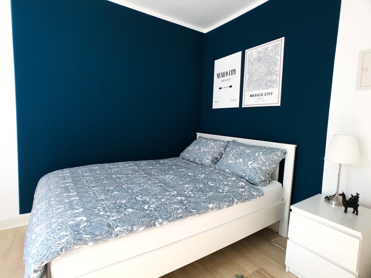 A modern bedroom is presented with a spacious bed dressed in a patterned blanket. Two framed wall art pieces depicting maps of Mexico City are hung above the bed. A bedside table and a lamp complete the inviting room, which features a bold blue accent wall.