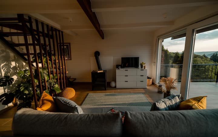 A felső (barna) apartman nappalija.