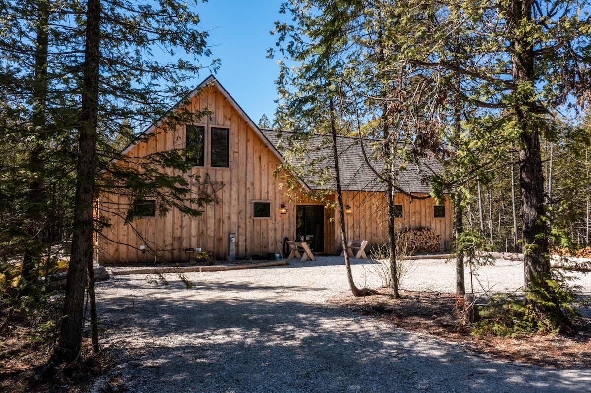 A charming wooden cabin is nestled among tall cedar trees, featuring a sloped roof and large front windows. A gravel driveway leads to the entrance, where simple outdoor seating is placed. Sunlight filters through the surrounding greenery, enhancing the natural setting.