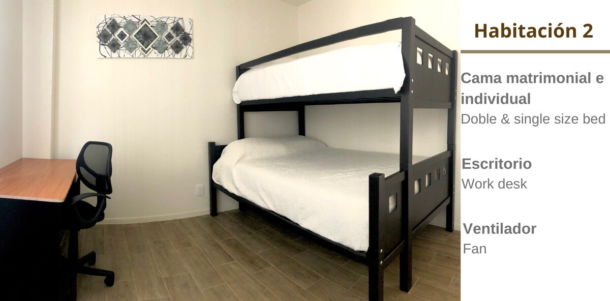 Second bedroom, with double / single bunk bed. This may be your comfortable workspace