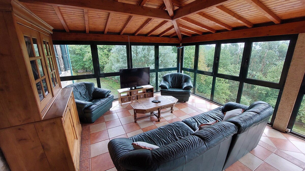 A spacious living area is framed by large glass windows that offer views of the surrounding greenery. Comfortable seating is arranged around a wooden coffee table. A flat-screen television is situated on a wooden cabinet, with a warm wooden ceiling adding to the inviting atmosphere.