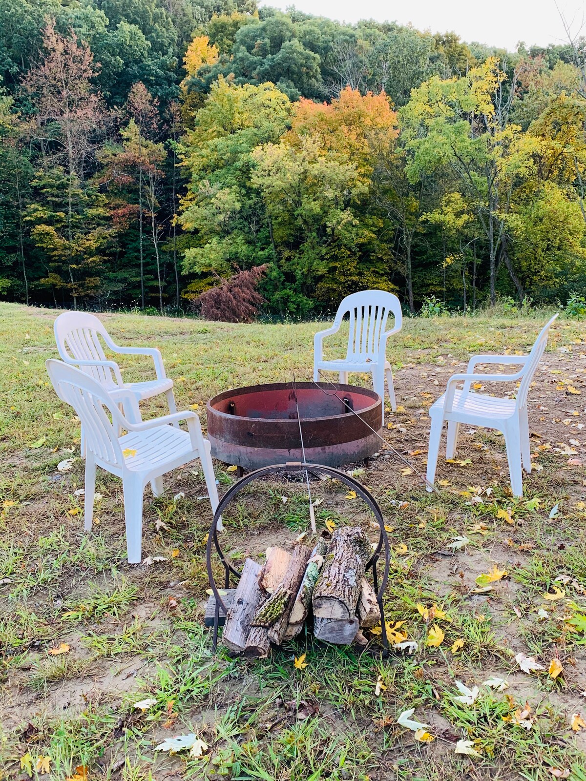 A fire pit is surrounded by four white chairs on a grassy area, with logs arranged neatly beside it. Colorful trees in autumn foliage provide a backdrop, creating a serene outdoor space perfect for gatherings.