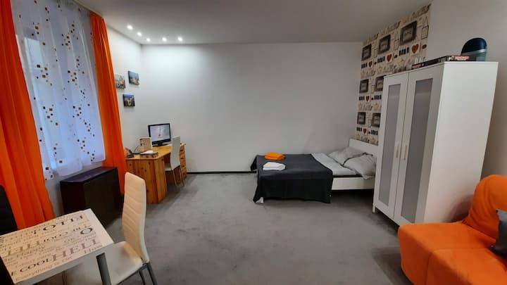 Ოთახი სასადილო სივრცით, სამუშაო მაგიდით, ორადგილიანი საწოლითა და გასაშლელი დივნით. Ტელევიზორისა და Wi ‑ Fi კავშირის ხელმისაწვდომობა.