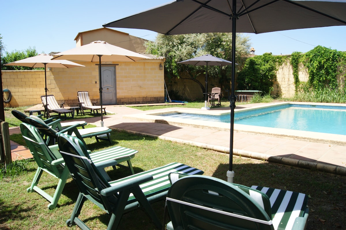 A spacious outdoor area features a private pool surrounded by green grass. Several lounge chairs are positioned under large umbrellas, offering shaded relaxation. A nearby stone patio includes additional seating, while the backdrop includes lush greenery and a building, contributing to a welcoming atmosphere.