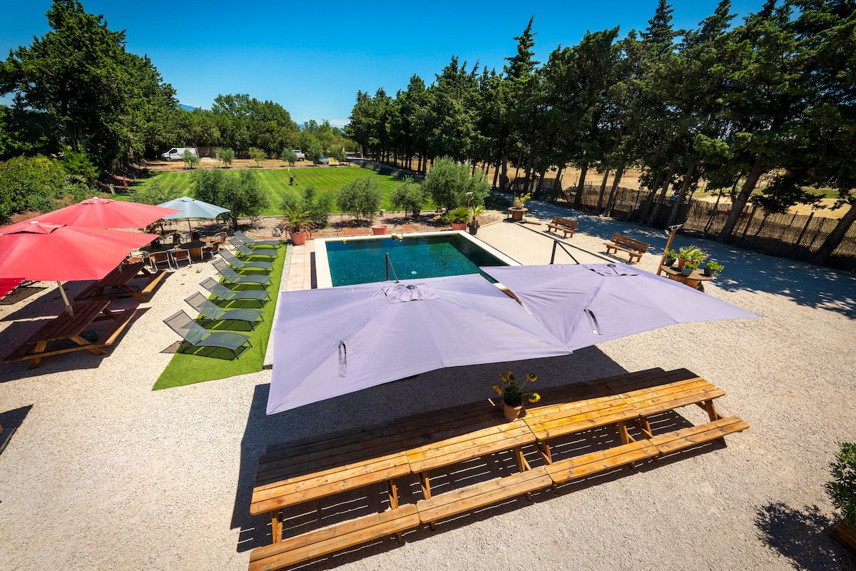 An outdoor area features a swimming pool surrounded by lounge chairs and shaded by large umbrellas. Rustic wooden tables and benches provide seating for gatherings. Lush greenery adds to the serene atmosphere, enhancing the overall spaciousness of the setting.