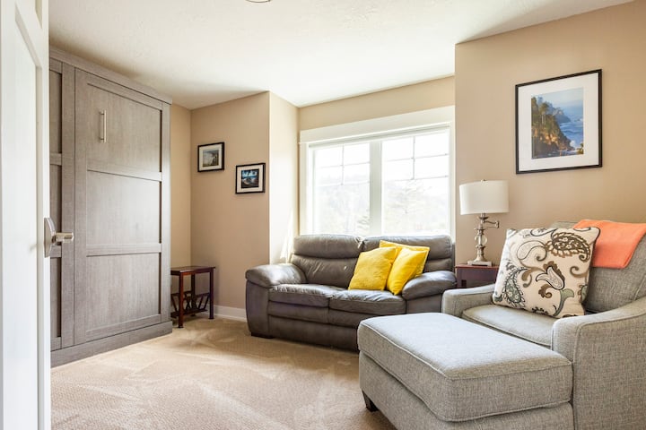 Third bedroom includes a murphy bed which folds down from the wall. Queen size 10" memory foam mattress. People rave about the mattresses in the house.