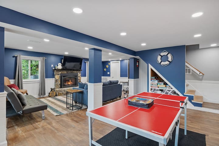 ping pong, fuse ball and board games in the newly renovated basement family room with gas remote start fire place and game table. For sleeping we have a futon, couch and queen size air mattress.