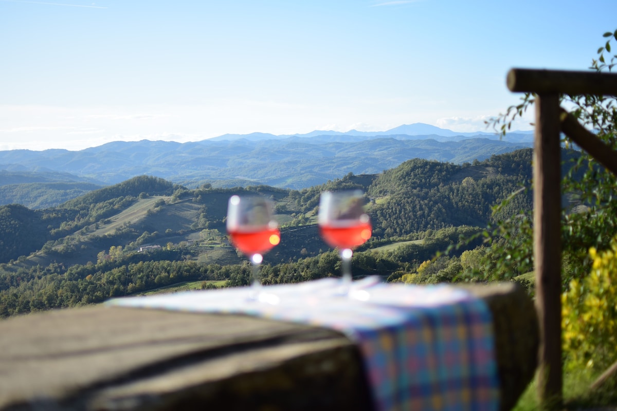 Two glasses filled with a pink beverage are positioned on a table draped with a checkered cloth. In the background, rolling green hills extend towards the horizon under a clear blue sky, creating a serene and picturesque landscape.