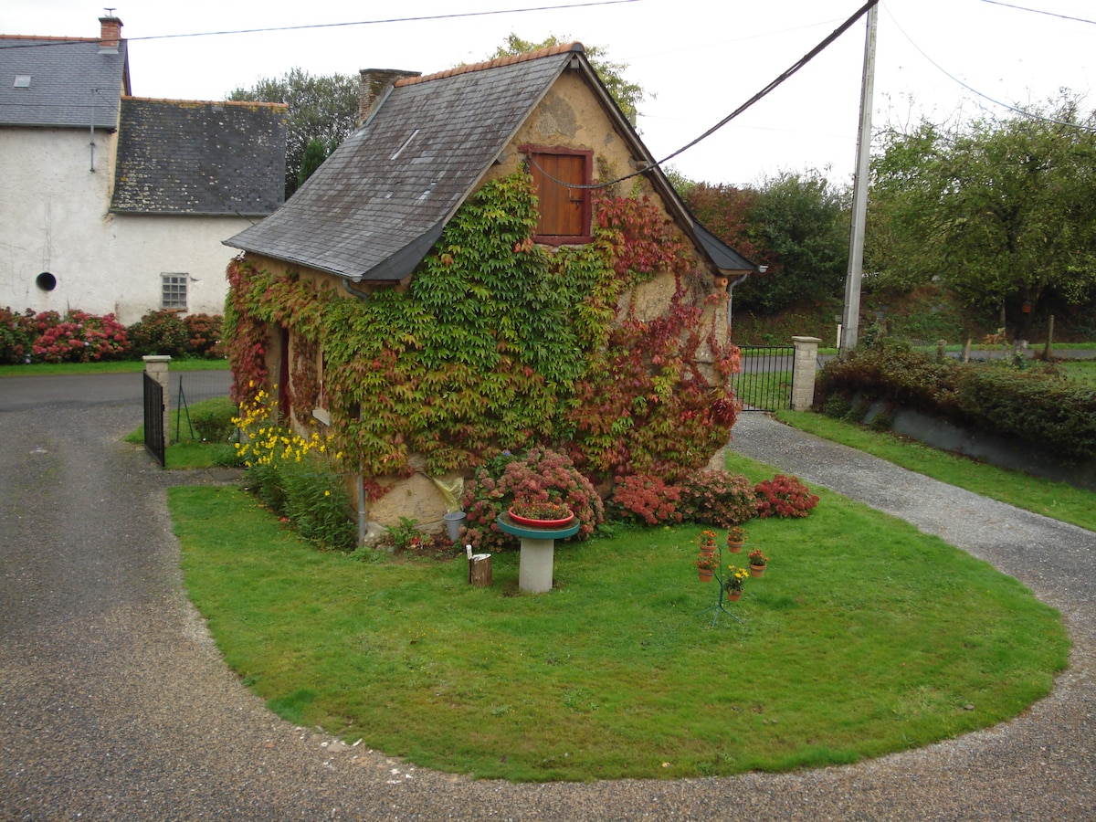 A charming studio cottage is partially covered by vibrant green and red climbing vines. The well-maintained lawn surrounds the entrance, which features a flower pot and decorative elements. Nearby, a gravel driveway provides access to the property, showcasing a peaceful countryside setting.
