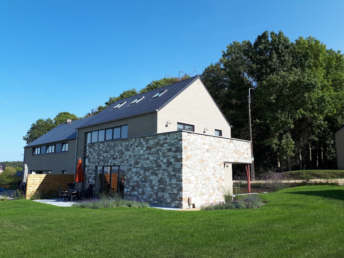 The contemporary house features a mix of stone and modern materials, with large windows allowing natural light to fill the interior. A spacious lawn surrounds the home, complemented by outdoor seating and a vibrant orange umbrella, inviting relaxation in a peaceful setting.