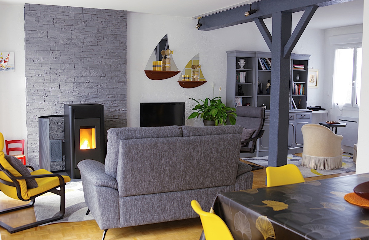 A spacious living area is designed with a cozy gray sofa and colorful accent chairs. A modern pellet stove stands against a textured stone wall, while two decorative sailboat wall hangings add character. A black television and a bookshelf complement the inviting atmosphere.
