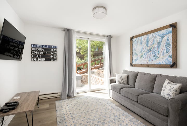 Chumba hiki kiko kwenye ghorofa ya chini. Kochi hutoka na kwenda kwenye kitanda cha ukubwa wa malkia. 