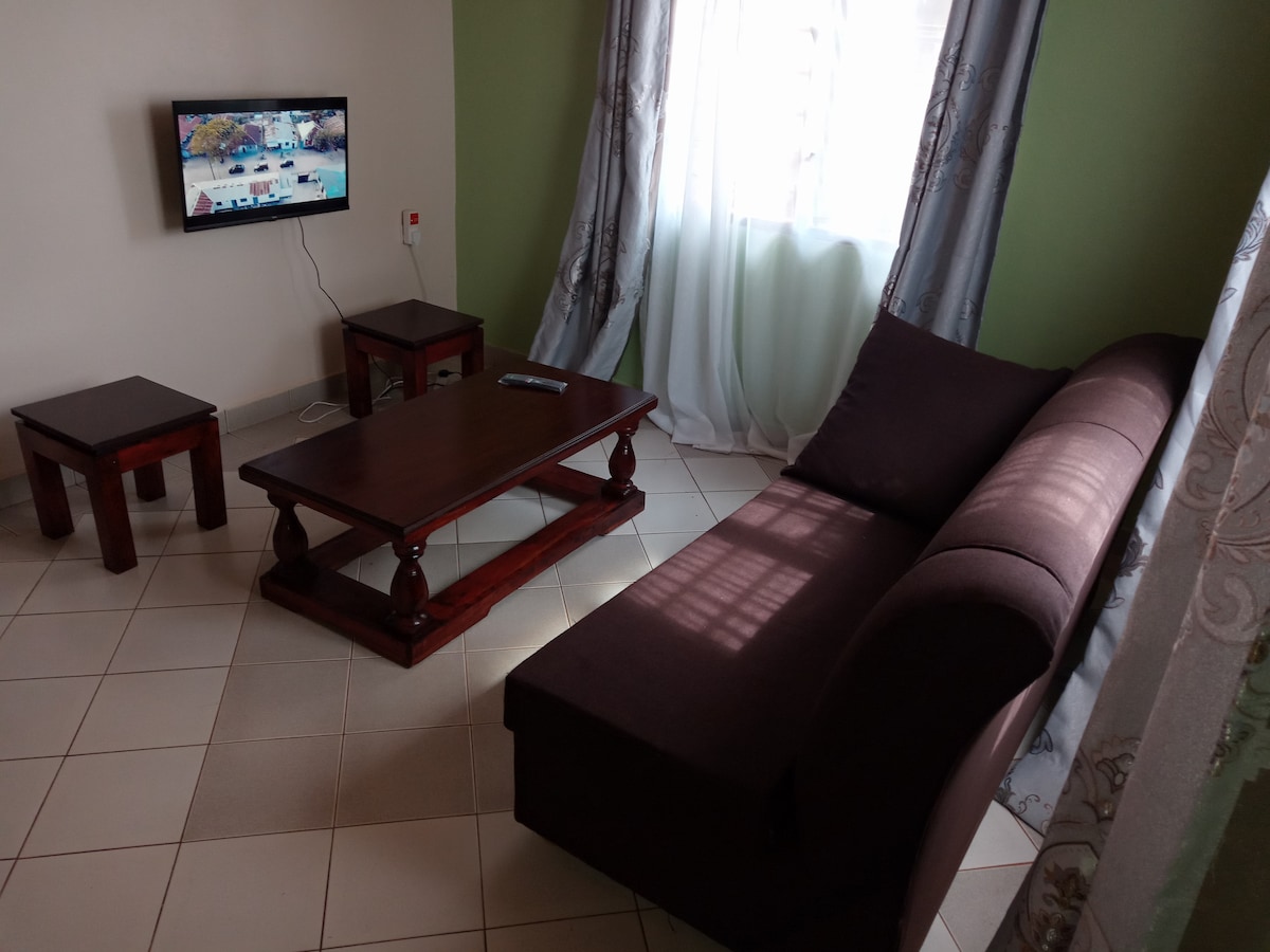 A compact living space features a dark brown couch paired with a matching coffee table and small side table. A wall-mounted television is positioned in front, while natural light filters through sheer curtains on a nearby window, softly illuminating the room.