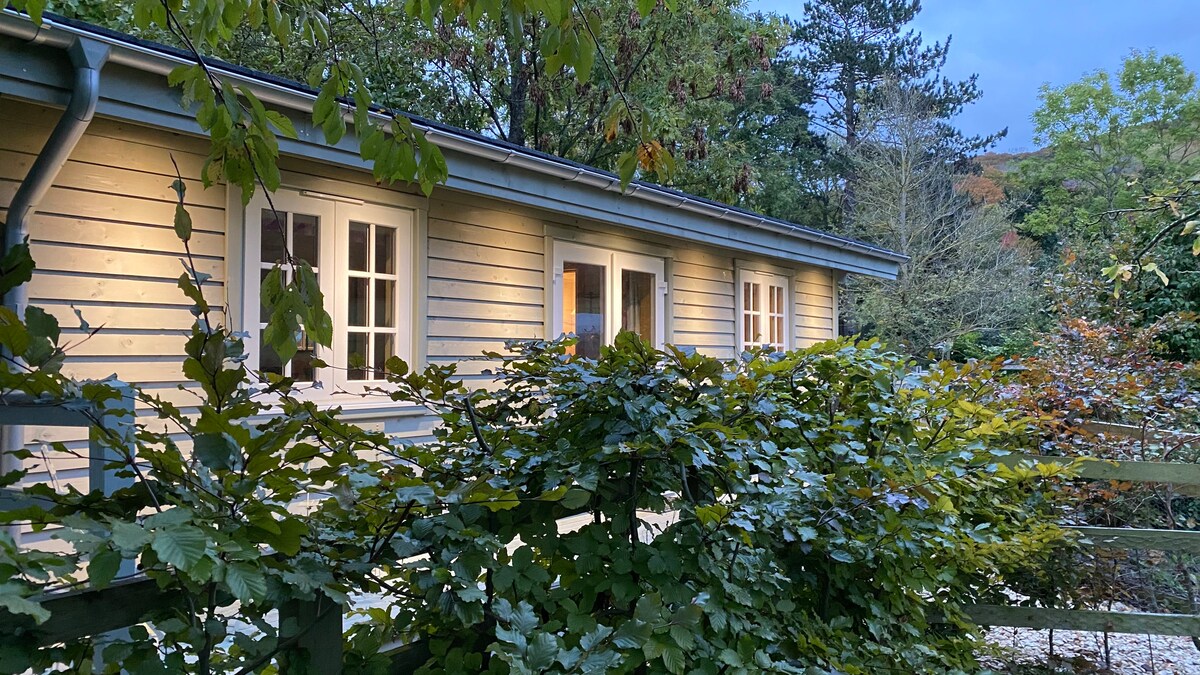 A charming wooden cottage is framed by lush greenery, showcasing multiple windows that invite natural light. The exterior, painted in soft tones, blends harmoniously with the surrounding trees and shrubs, creating a serene ambiance in the peaceful countryside setting.