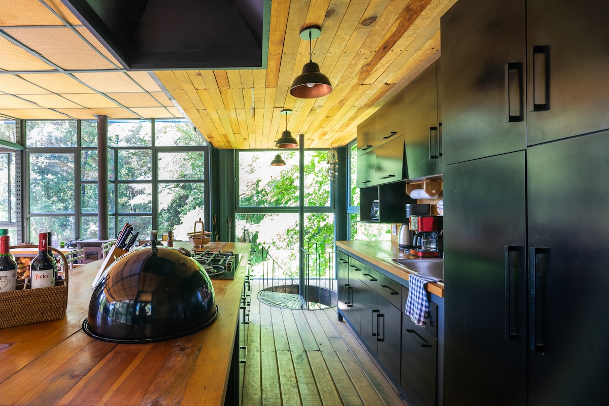 A modern kitchen features dark cabinetry and a wooden countertop, complemented by large windows that bring natural light and views of the surrounding trees. A stylish, circular stove and various kitchen appliances are arranged for functionality, inviting guests to prepare meals in this well-equipped space.