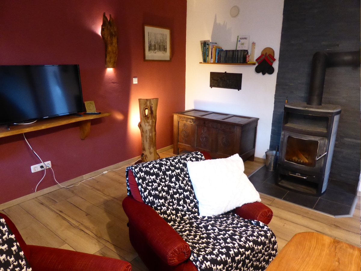 A cozy living area features two patterned armchairs accompanied by a large plush white throw. A wooden shelf supports a television across from a decorative wooden cabinet. Soft light emanates from a modern fireplace set within a sleek stone wall.