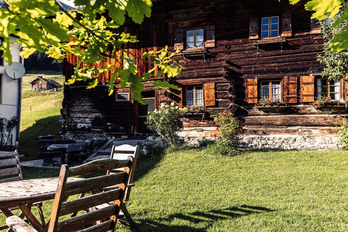 The image captures a rustic wooden house featuring traditional alpine architecture, surrounded by lush green grass. The exterior showcases decorative shutters and flower boxes. A wooden table with benches is placed nearby, providing a space for outdoor relaxation amidst the natural setting.