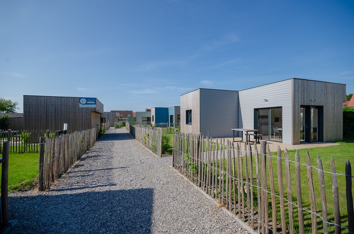 A pathway lined with gravel leads to modern cottages set amidst green grass. Natural wooden fences border the path, while large windows allow sunlight to illuminate the cottages. The clear blue sky adds to the serene environment of this tranquil outdoor area.
