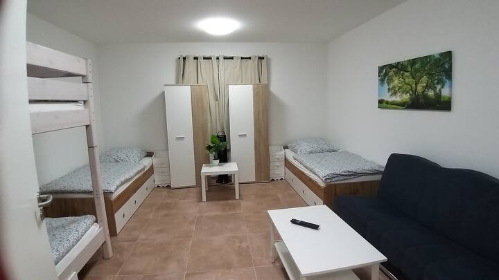 Dhomë gjumi me krevat marinari dhe televizor dhe divan