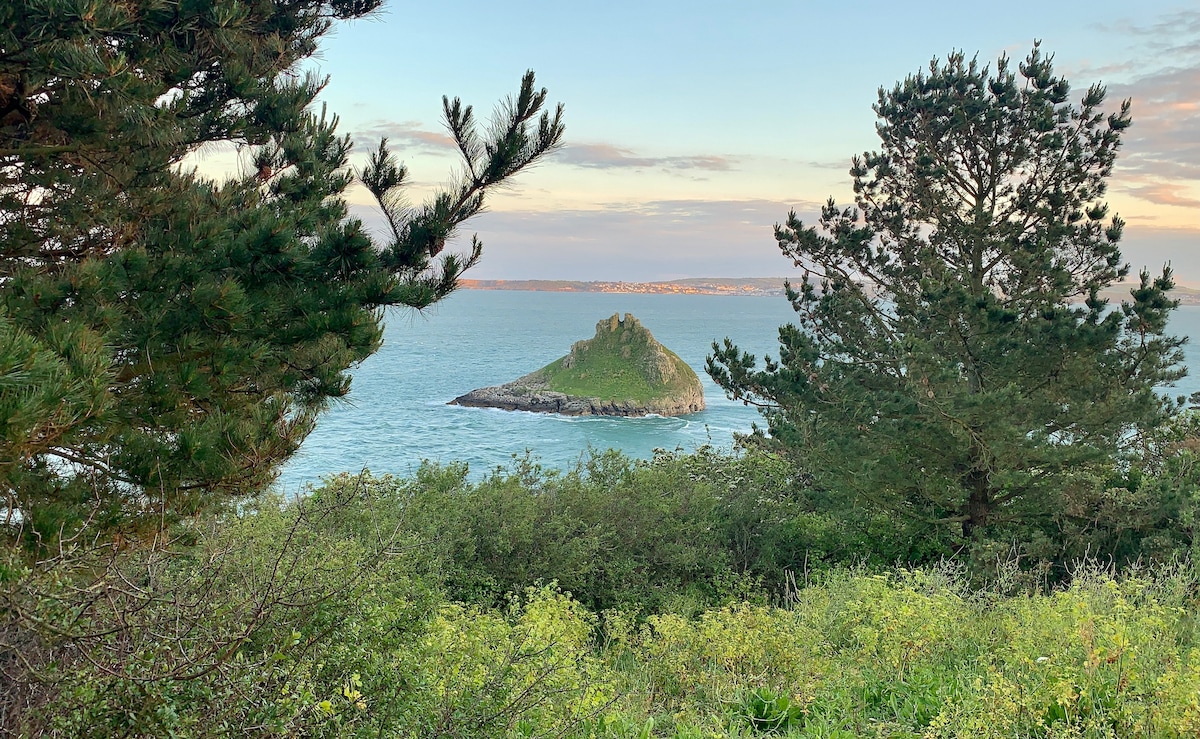 A coastal view is framed by lush green trees, revealing a small rocky island in the distance. The calm waters reflect soft colors of the sky, while the surrounding foliage adds a natural touch to the serene scene.
