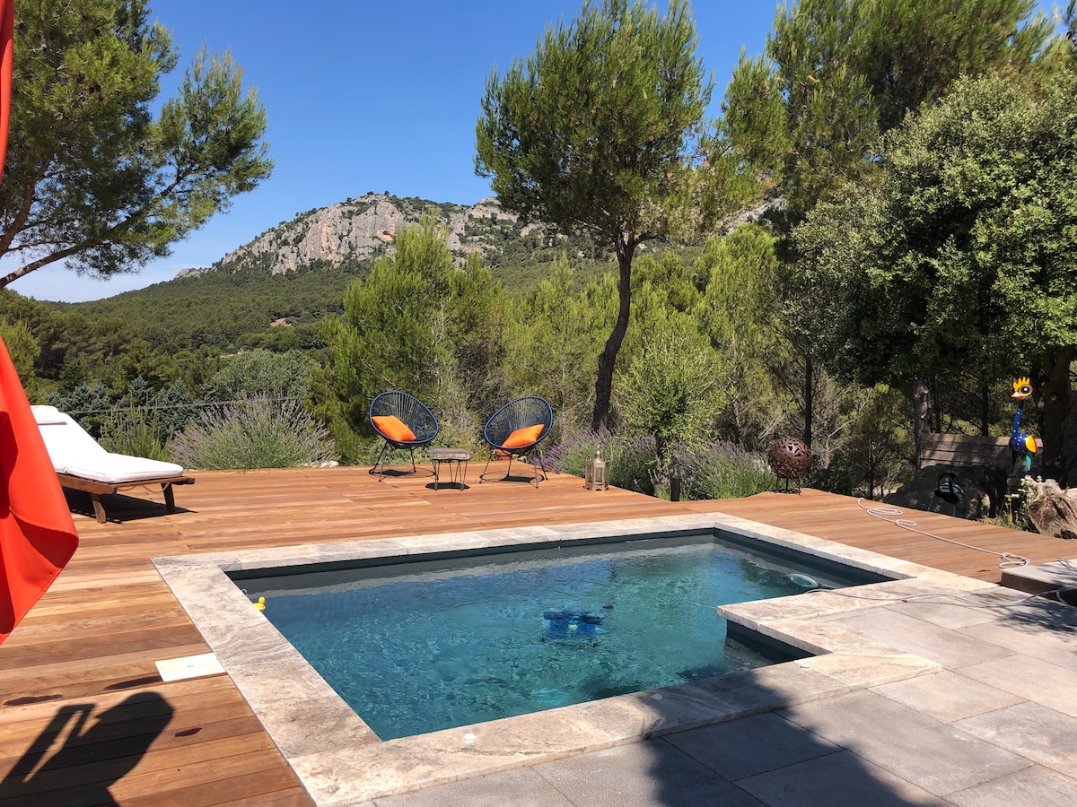 A tranquil salt-water pool is set within a wooden deck, surrounded by lush greenery. Two stylish chairs with orange cushions are positioned nearby, offering a space for relaxation. The backdrop features a scenic view of rocky hills and trees under a clear blue sky.