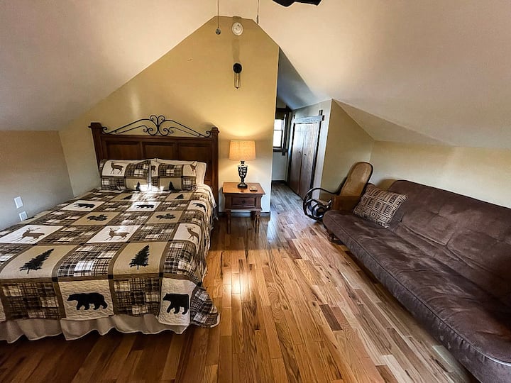 Private bathroom with shower and double sink. 1 Queen and 1 full open couch.
Pack and play also available.