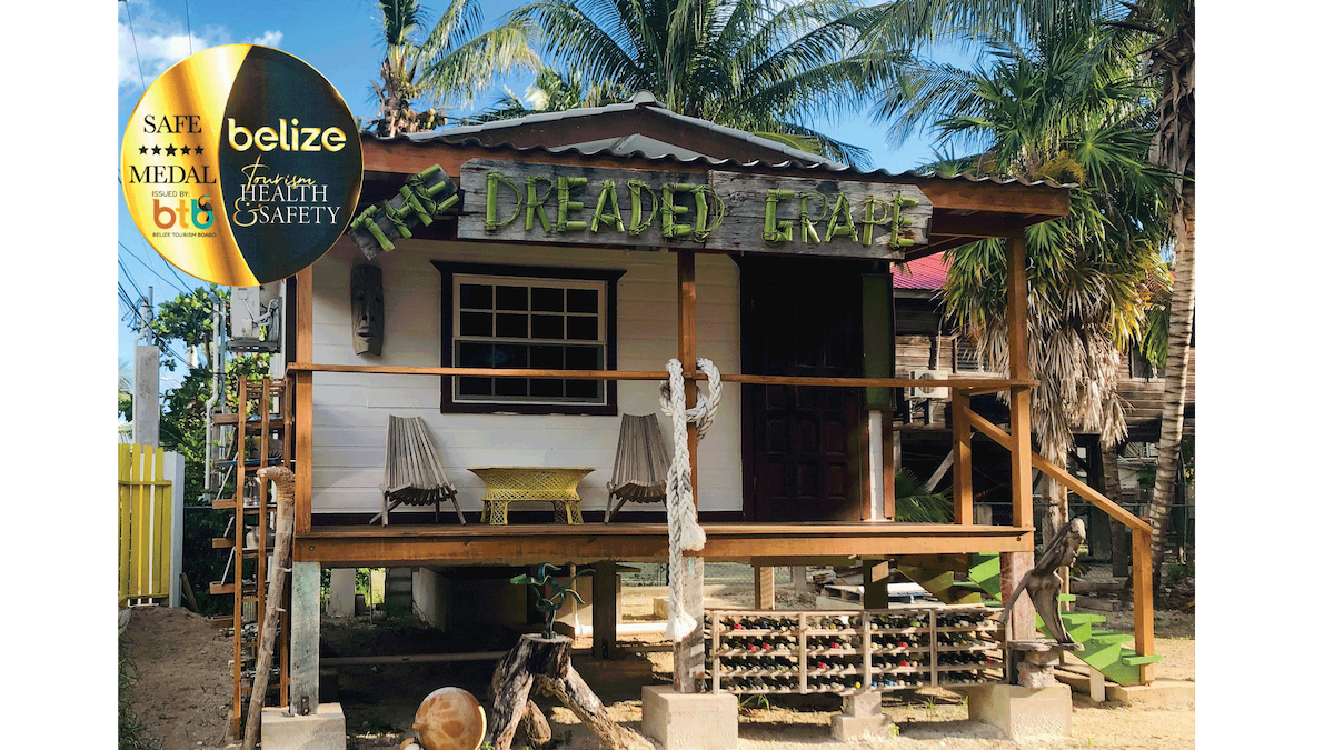 The cabin's exterior showcases a welcoming porch adorned with tropical greenery, featuring a sloped roof and wooden accents. The name 'The Dreaded Grape' is prominently displayed above the entrance. A stone pathway leads to the cabin, surrounded by lush vegetation and a peaceful atmosphere.