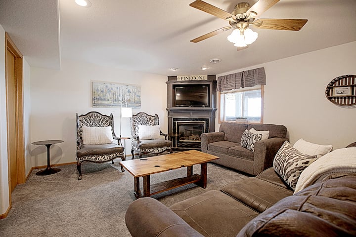 Downstairs Family room has a smart TV and gas fireplace