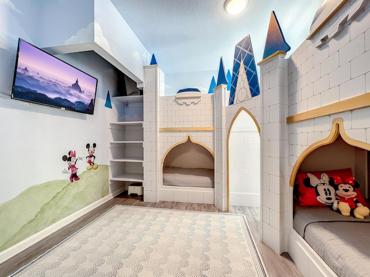 Imaginations will ignite in this castle bedroom that doubles as a playroom and has a Roku TV