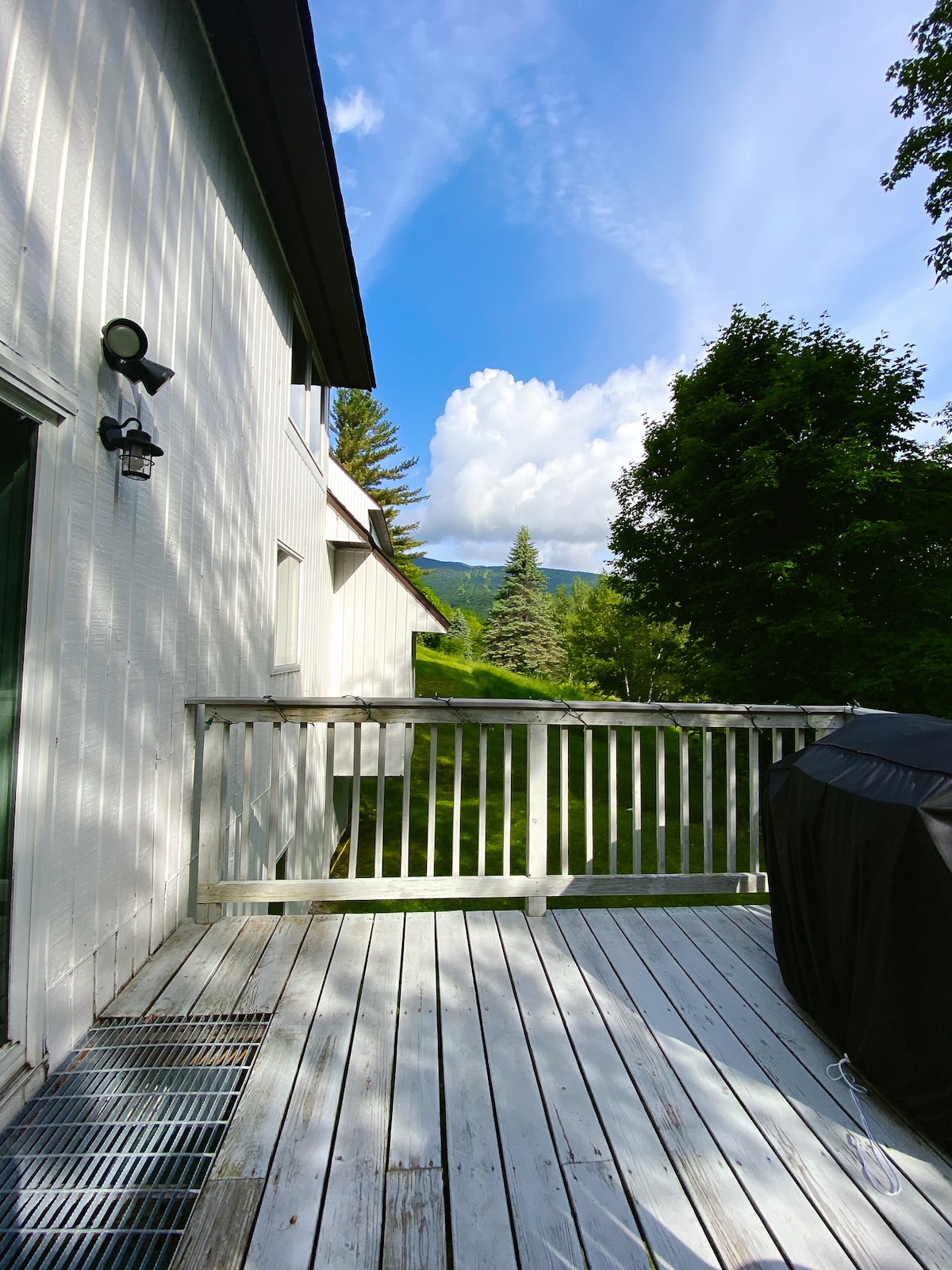 A wooden deck extends from the side of the property, offering views of the surrounding greenery and distant mountains. A propane grill is positioned on the deck, alongside light fixtures mounted on the side of the house. Soft clouds drift across the blue sky.