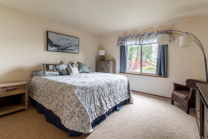 downstairs king bedroom #2 with Hood Canal and lagoon view and  LUXURY DAVENPORT HOTEL KING MATTRESS