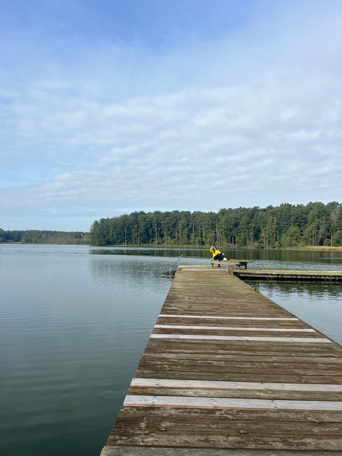 A wooden dock extends into a calm lake, bordered by lush green forest on the opposite shore. The sky is partly cloudy, and the water reflects the serene landscape, creating a peaceful setting for relaxation.