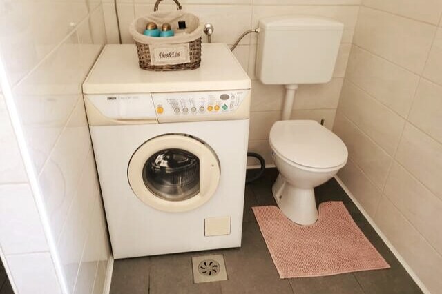 A practical laundry area is visible, featuring a front-loading washing machine and a white toilet. A compact rug adds a touch of comfort to the space, while a basket of toiletries is placed atop the washing machine for convenience.