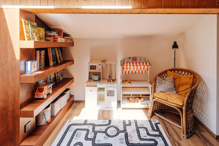 Bedroom № 5 with two bed setup options: 1 double bed + 2 single beds or 4 single beds. With cosy kid's corner. 
Bedroom № 5 c with two bed options: 1 double bed + 2 single beds or 4 single beds. With a cozy children's corner