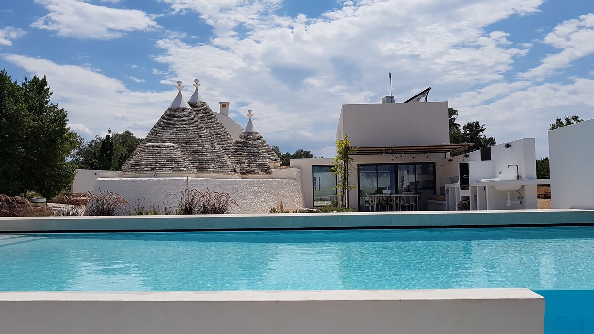 The image showcases a property featuring traditional trulli alongside a modern structure. A clear pool reflects the sky, while the backdrop features the unique conical roofs of the trulli. Lush greenery surrounds the area, enhancing the serene outdoor setting.