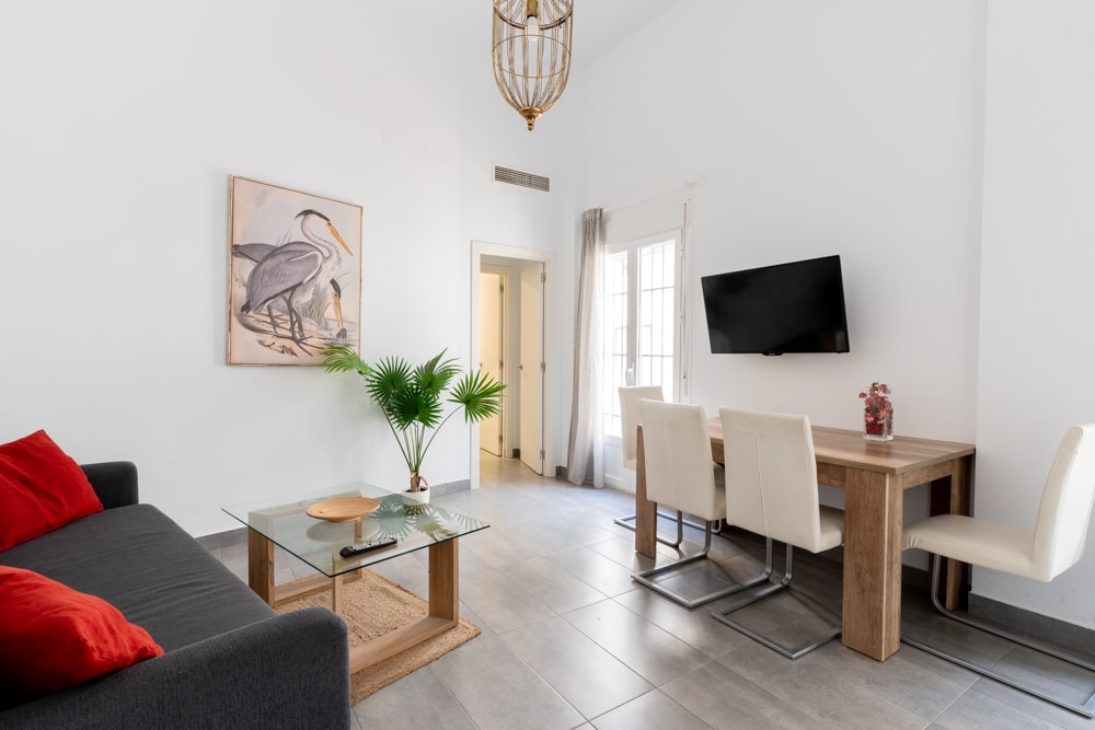 A living area is presented with a dark sofa adorned with red cushions. A glass coffee table rests on a beige rug, complemented by a dining table set with four white chairs. A large artwork of birds decorates the wall, with a flat-screen TV mounted nearby.