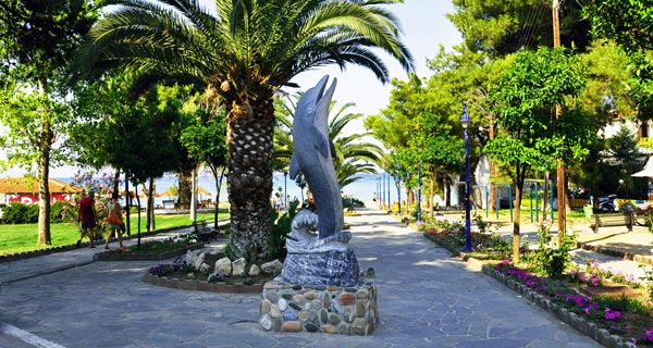 A scenic pathway is lined with palm trees and lush greenery, leading toward the beach. A dolphin statue is prominently positioned in the middle, surrounded by well-maintained landscaping featuring colorful flowers. The atmosphere suggests a serene and welcoming outdoor space.