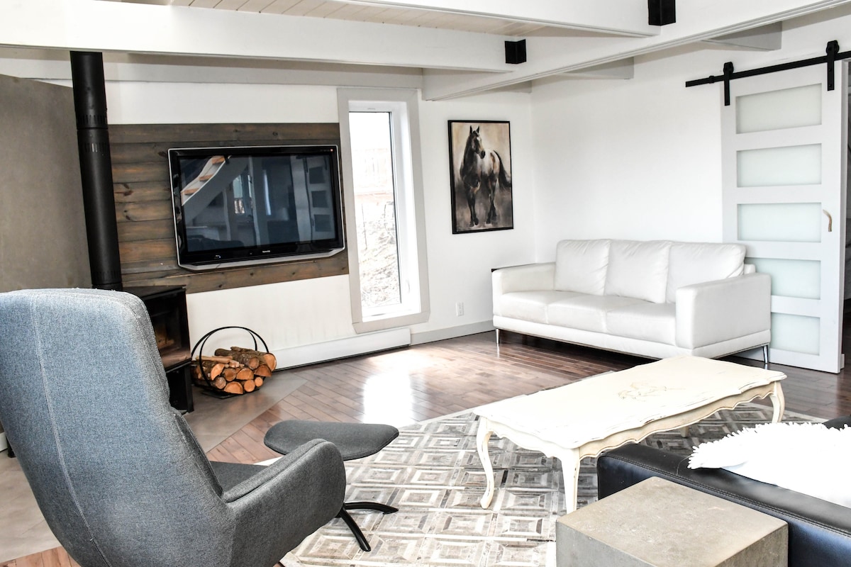 A spacious living area is featured with a modern white sofa and a sleek gray armchair, positioned around a coffee table. A flat-screen TV is mounted on a wooden-paneled wall, while a sliding door invites natural light. A decorative horse painting adds a contemporary touch.