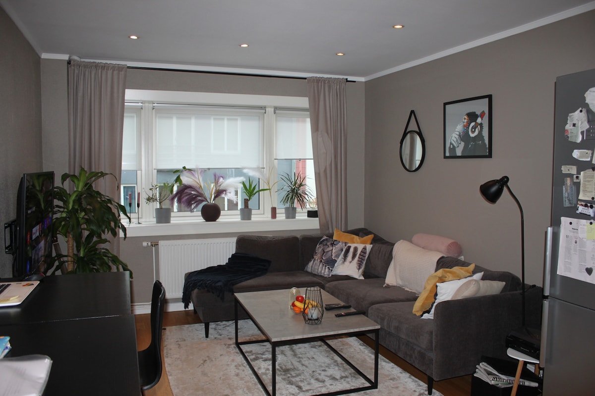 A comfortable living area is equipped with a gray sectional sofa and a coffee table. Natural light enters through large windows adorned with sheer curtains. Potted plants are arranged on the windowsill, adding a refreshing touch to the space. A modern decor piece complements the wall.