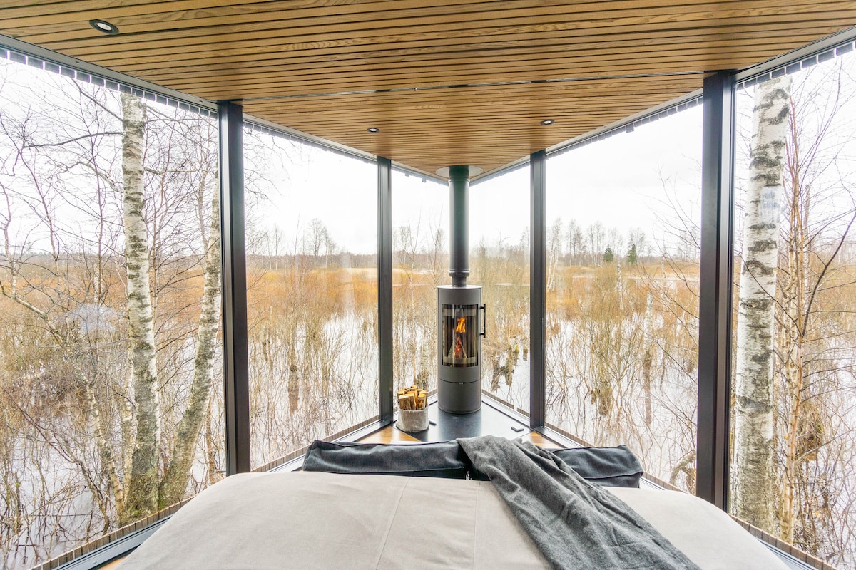 A modern glasshouse interior is showcased, featuring a cozy fireplace at the center with a view of the wetlands outside through expansive glass walls. The warm wood ceiling contrasts with the gray bedding, creating a relaxing atmosphere surrounded by nature.