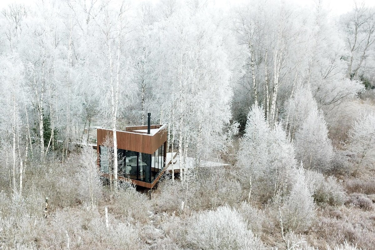 A modern glasshouse is nestled among frost-covered trees, blending harmoniously with the winter landscape. The structure's warm wooden facade contrasts with the white surroundings, creating a cozy focal point amid the serene natural setting.