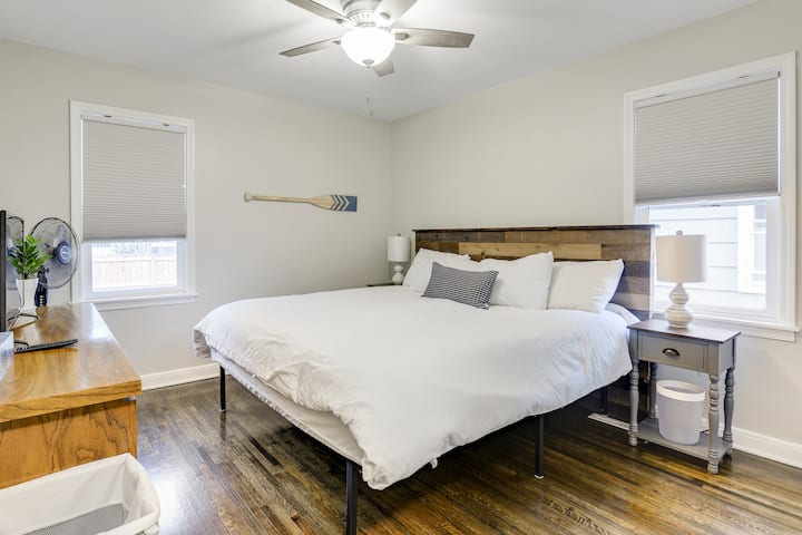 King bed, there is a 55 inch TV hung on the wall now