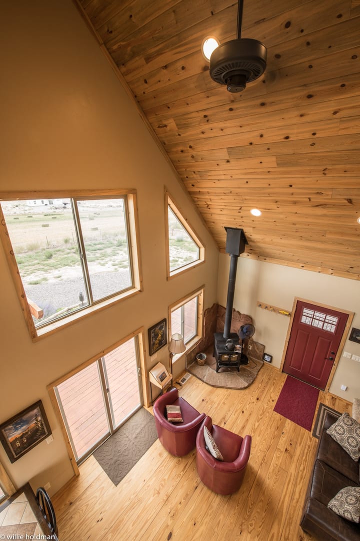 Looking down to front room from loft.