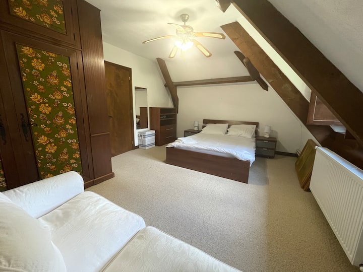 Bedroom 1 has sofa bed and a double, plus a huge fitted wardrobe with 1970's retro fabric doors!