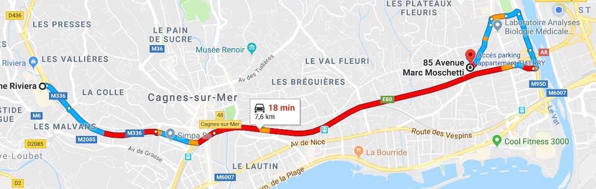 A detailed map displays the route from Cagnes-sur-Mer to an address on Avenue Marc Moschetti. Major roadways and connections, including highways and main streets, are clearly marked, offering a visual guide for navigation. Landmarks and surrounding areas are lightly outlined.