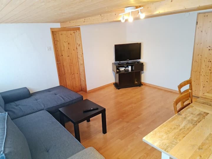 Wohnzimmer mit Sofa, grossem Esstisch und Fernseher